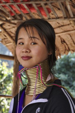 Tayland, chiang mai, karen uzun boyunlu tepe kabile Köyü (kayan lahwi), uzun boyunlu kadın geleneksel kostümleri. 5 veya 6 yaşında olduğunda kadınlar pirinç halkalar kendi boynuna koy.