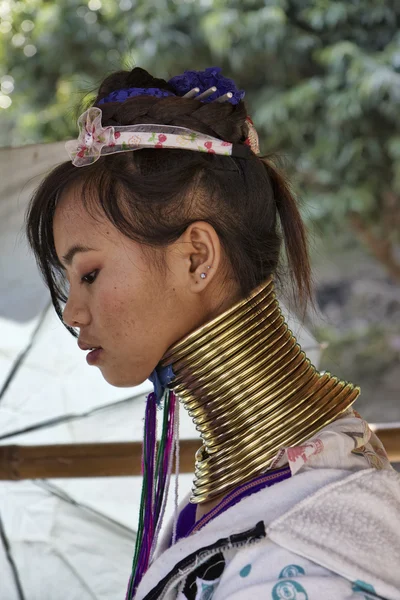 Tailândia, Chang Mai, Karen Long Neck aldeia tribo colina (Kayan Lahwi), mulher de pescoço longo em trajes tradicionais. As mulheres colocam anéis de latão no pescoço quando têm 5 ou 6 anos e aumentam a dormência. — Fotografia de Stock