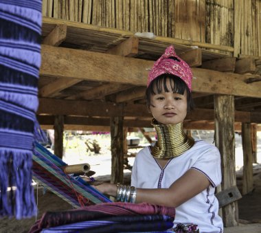 Thailand, Chiang Mai, Karen Long Neck hill tribe village (Kayan Lahwi), Long Neck woman in traditional costumes. Women put brass rings on their neck when they are 5 or 6 years old clipart