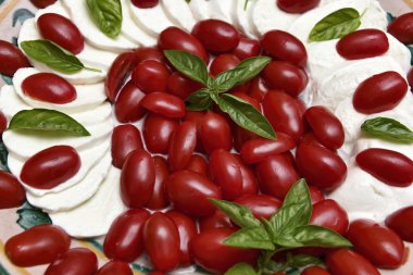 zeytinyağı ve fesleğen ile İtalyan domates ve mozzarella peynirli salata servis