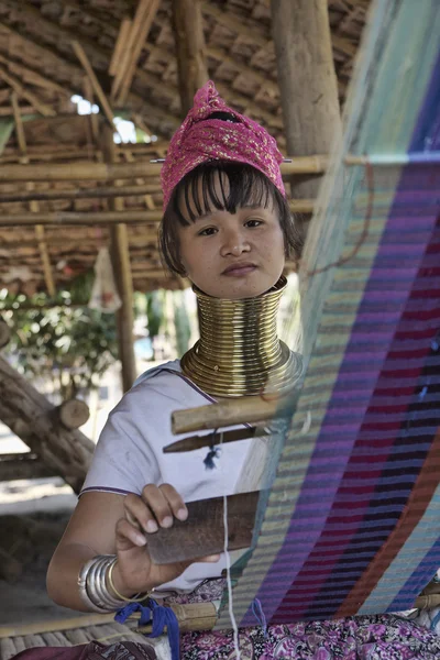Thailand, chang mai, karen long neck hill tribe village (kayan lahwi), langhalsige Frau in traditionellen Trachten. Frauen legen sich Messingringe um den Hals, wenn sie 5 oder 6 Jahre alt sind — Stockfoto