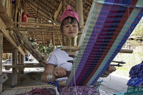 Thaïlande, Chang Mai, Karen Long Neck hill tribe village (Kayan Lahwi), Long Neck woman in traditional costumes. Les femmes mettent des bagues en laiton sur leur cou quand elles ont 5 ou 6 ans — Photo