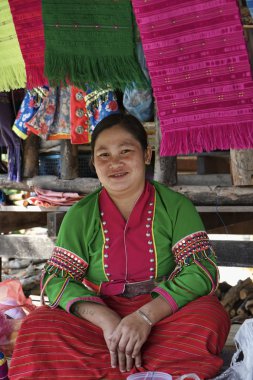 Thailand, Chiang Mai, Karen Long Neck hill tribe village (Kayan Lahwi), Karen woman in traditional costumes clipart
