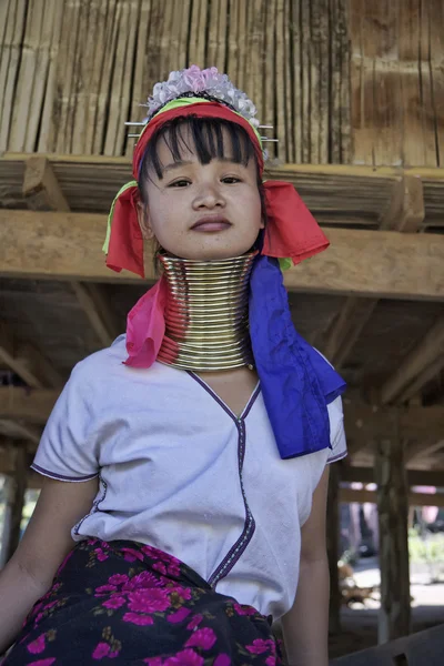 Thailand, chiang mai, karen lange nek heuvel stam dorp (kayan lahwi), lange nek vrouw in klederdracht. vrouwen zetten koperen ringen op hun nek wanneer ze 5 of 6 jaar oud zijn en de num verhogen — Stockfoto