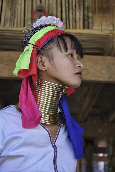 Thailand, chiang mai, karen long neck hill tribe village (kayan lahwi), langhalsige Frau in traditionellen Trachten. Frauen legen sich Messingringe um den Hals, wenn sie 5 oder 6 Jahre alt sind und erhöhen die Anzahl der — Stockfoto