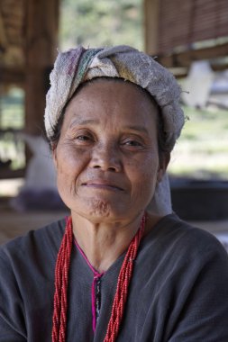 Thailand, Chiang Mai, Karen Long Neck hill tribe village (Kayan Lahwi), a Karen woman in traditional costumes clipart