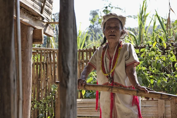 Tailândia, Chiang Mai, Karen Long Neck aldeia tribo colina (Kayan Lahwi), uma mulher Karen em trajes tradicionais — Fotografia de Stock