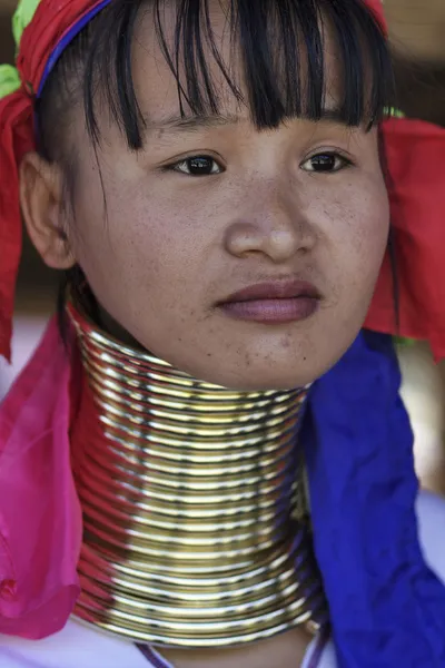 Thaïlande, Chiang Mai, Karen Long Neck hill tribe village (Kayan Lahwi), Long Neck woman in traditional costumes. Les femmes mettent des anneaux de laiton sur leur cou quand ils ont 5 ou 6 ans et augmentent le nombre — Photo