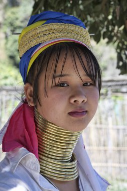 Tayland, chiang mai, karen uzun boyunlu tepe kabile Köyü (baan tong lhoung), uzun boyunlu kadın geleneksel kostümleri. Ne zaman onlar 5 veya 6 yaşında ve inci artırmak kadın pirinç halkalar kendi boynuna koy.
