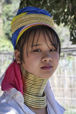 Thailand, Chiang Mai, Karen Long Neck hill tribe village (Baan Tong Lhoung), Long Neck woman in traditional costumes. Women put brass rings on their neck when they are 5 or 6 years old and increase th clipart