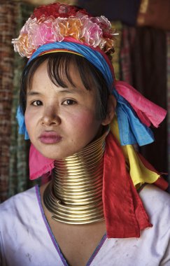 Thailand, Chiang Mai, Karen Long Neck hill tribe village (Baan Tong Lhoung), Long Neck woman in traditional costumes. Women put brass rings on their neck when they are 5 or 6 years old and increase th clipart