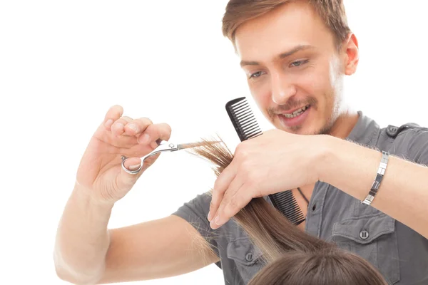 Professioneller Friseur mit langen Haaren Modell — Stockfoto