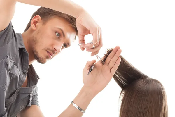 Профессиональный парикмахер с длинными волосами модели Стоковая Картинка
