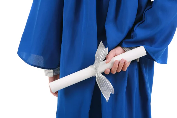 Hand som håller examen certifikat bakom rygg — Stockfoto
