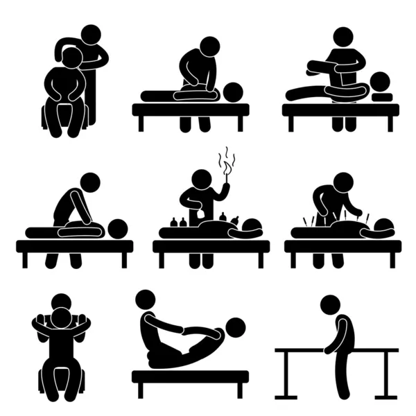 Chiropraktická fyzioterapie Akupunkční masáž Rehabilitace Zdravotní péče Ikona symbol Piktogram — Stockový vektor