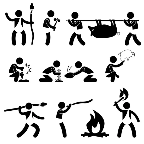 Uomo primitivo antico cavernicolo preistorico Umano utilizzando strumento e attrezzature Simbolo icona segno Pittogramma — Vettoriale Stock