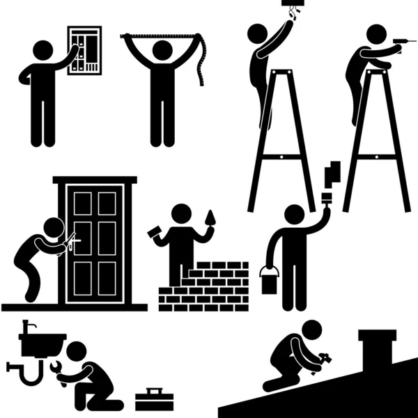 Handyman Electrician Locksmith Contractor Working Fixing Repair House Light Roof Icon Symbol Sign Pictogram — Stock Vector