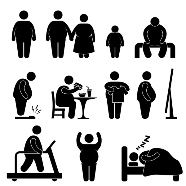 Gros homme femme enfant couple obésité surcharge pondérale icône symbole signe pictogramme — Image vectorielle
