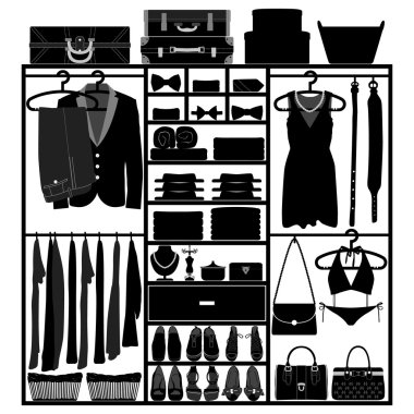 Closet Wardrobe Cupboard Cloth Accessories Man Woman Fashion Wear Silhouette clipart