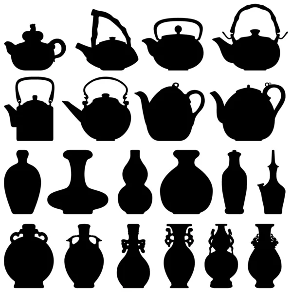 Thee theepot wijnfles Japanse chinese Oosterse silhouet — Stockvector