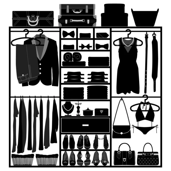 Garderob skåp trasa tillbehör man kvinna mode slitage siluett — Stock vektor