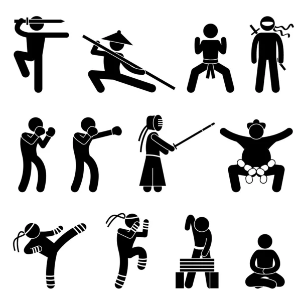 Sztuki walki kung fu samoobrony chiński wushu ninja bokser kendo sumo boks tajski ikony symbol znak piktogram — Wektor stockowy