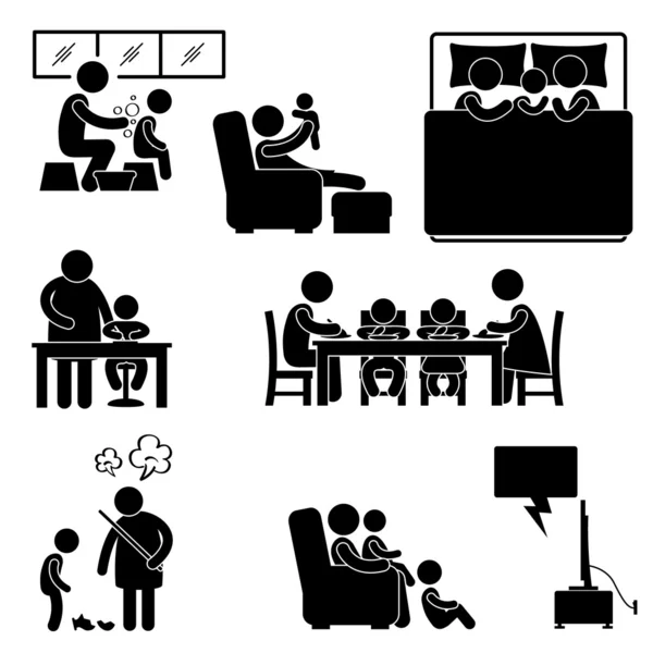 Famille Activité Maison Accueil Baignade Dormir Enseignement Manger Regarder la télévision ensemble Icône Symbole Signe Pictogramme — Image vectorielle