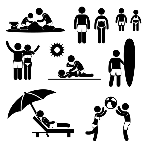家庭夏季海滩度假度假图标符号符号象形图 — 图库矢量图片