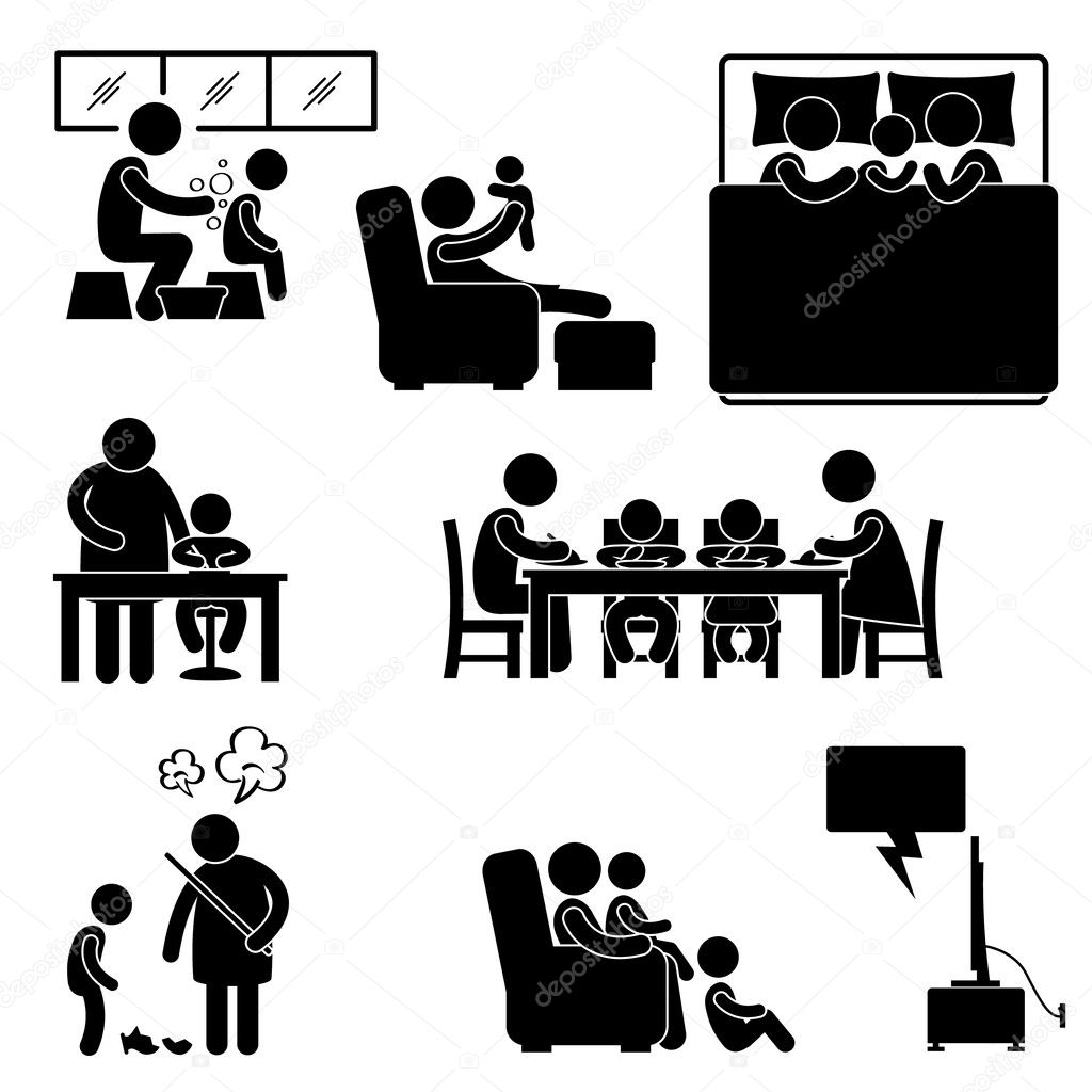 Family Activity House Home Bathing Sleeping Teaching Eating Watching Tv Together Icon Symbol Sign Pictogram