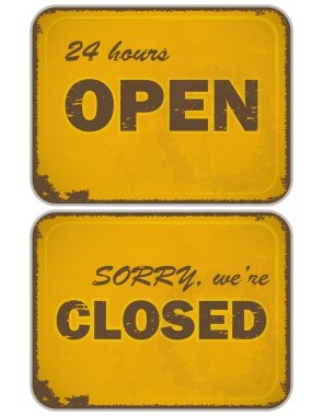 Set of grunge yellow signs: open - closed - 24 hours clipart