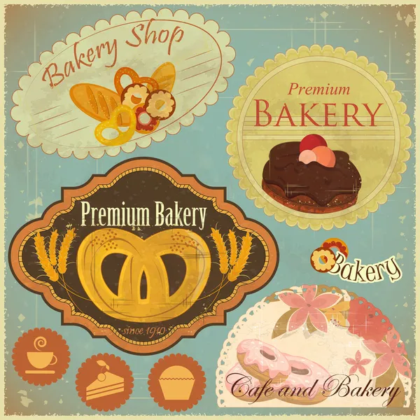 Set de Panadería Vintage y Etiquetas de Café — Archivo Imágenes Vectoriales