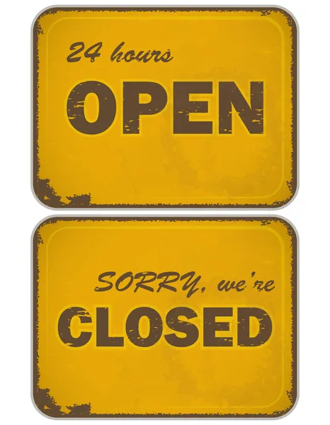 Conjunto de sinais amarelos grunge: aberto - fechado - 24 horas — Vetor de Stock
