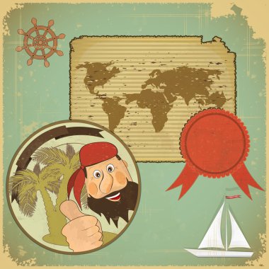 Retro card - pirate and world map clipart