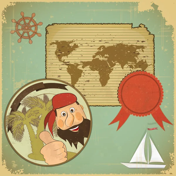 Ρετρό κάρτα - πειρατής και παγκόσμιο χάρτη — Διανυσματικό Αρχείο