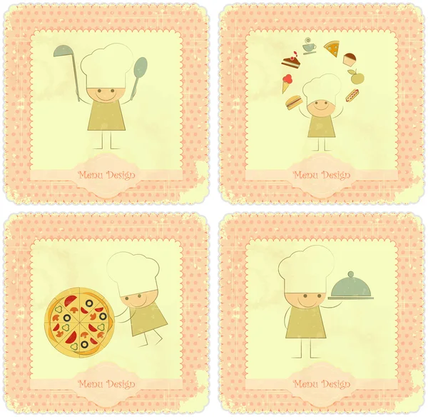 Conjunto Vintage de diseños de tarjetas de menú con chefs — Archivo Imágenes Vectoriales