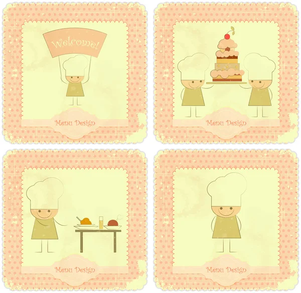 Ensemble vintage de menus pour enfants Dessins de cartes avec chefs — Image vectorielle
