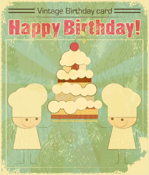 요리사와 큰 케이크 빈티지 생일 카드 디자인 — 스톡 벡터