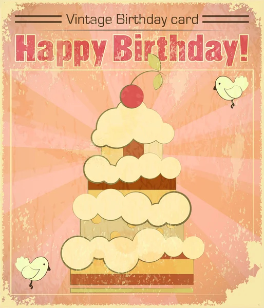 Вінтажна листівка на день народження з великим ягідним тортом — стоковий вектор