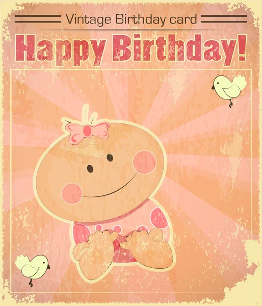 Retro Baby Mädchen Geburtstagskarte — Stockvektor