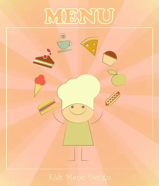 Design of kids menu with chefs and set of food — Stock Vector
