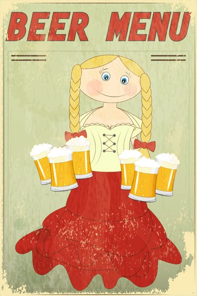 Retro ontwerp bier menu - blond meisje met bier — Stockvector