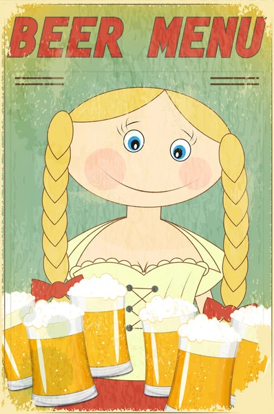 Menú de cerveza retro - chica rubia con cerveza — Vector de stock