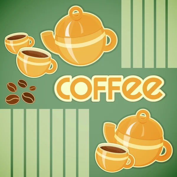 Tazas de café, cafetera y granos de café — Vector de stock