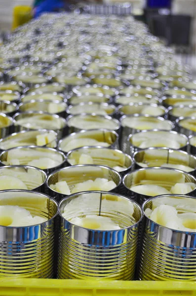 Fatias de abacaxi fresco em xarope em lata de alumínio — Fotografia de Stock