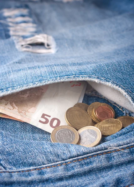Money in a jeans pocket, — Stock Photo, Image