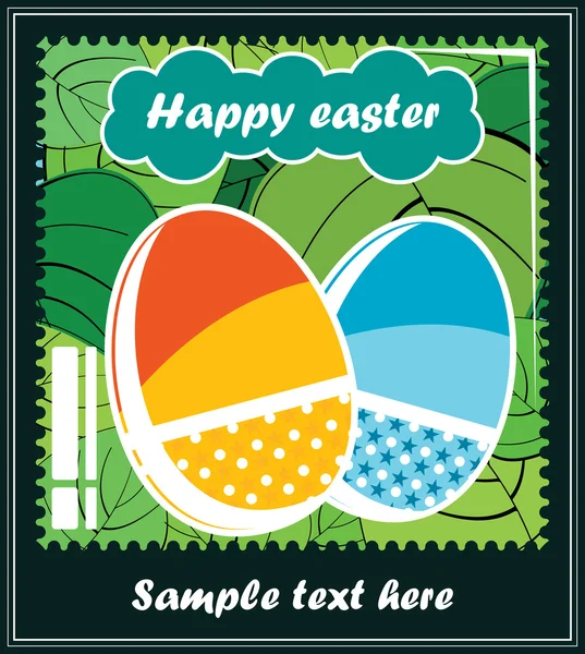 Dos coloridos huevos de Pascua en hojas — Vector de stock