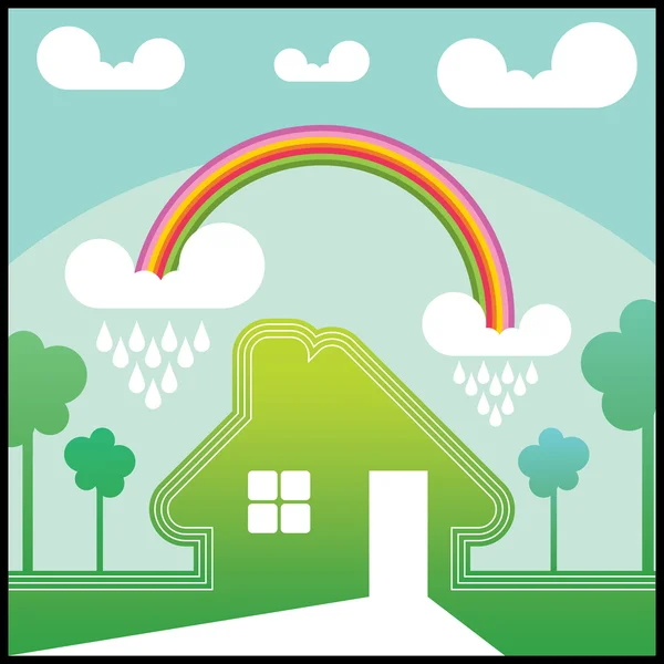 Casa verde con arcobaleno — Vettoriale Stock