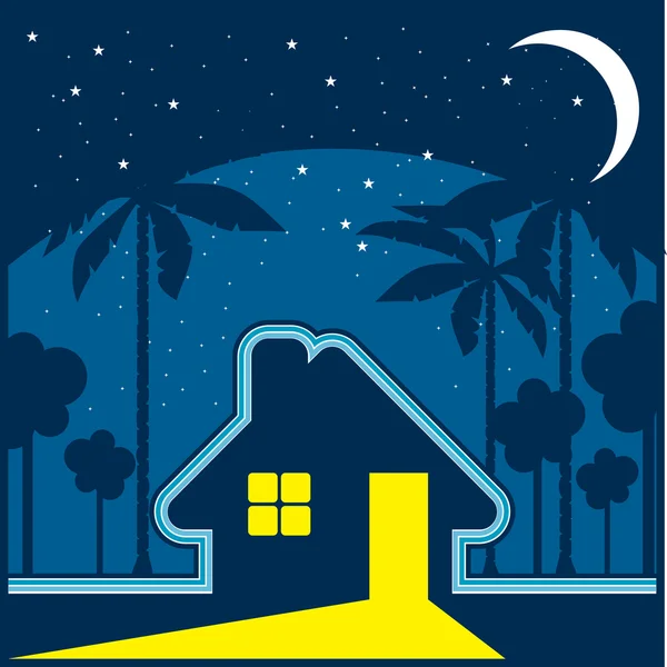 Haus in der Nacht in einer Umgebung von Sternen und Mond — Stockvektor
