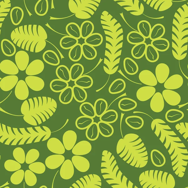 Folhas verdes decorativas e flores em fundo verde padrão sem costura — Vetor de Stock