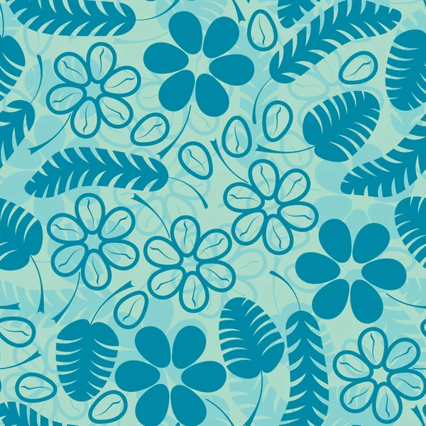 Декоративные синие листья и цветы на синем фоне - бесшовный узор — стоковый вектор